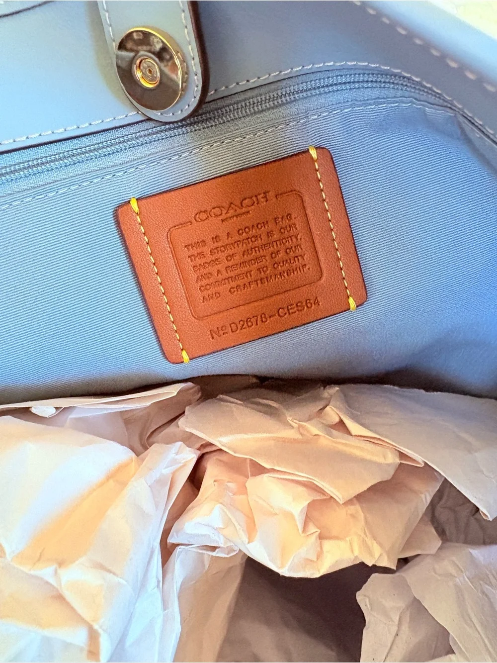 Coach Blue and White Gingham Tote with Cherry Charm